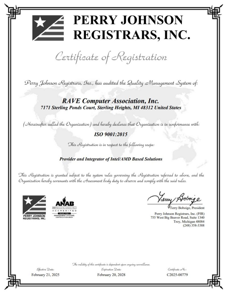 RAVE Computer ISO 9001:2015 Certificate of Registration Exp 2028